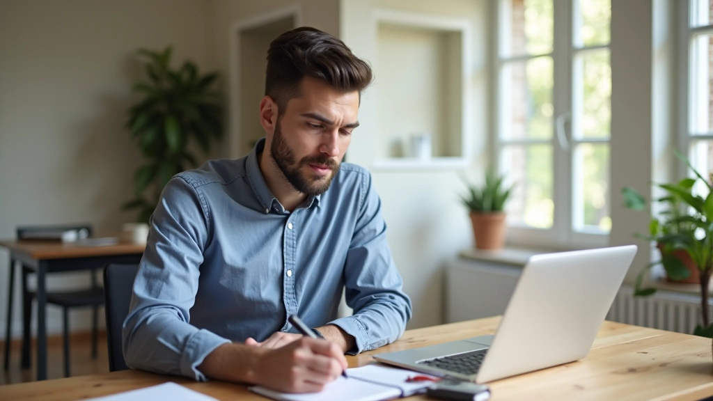 Freelance travaillant sur un ordinateur portable avec des documents, prenant des notes et gérant les informations des clients de manière organisée