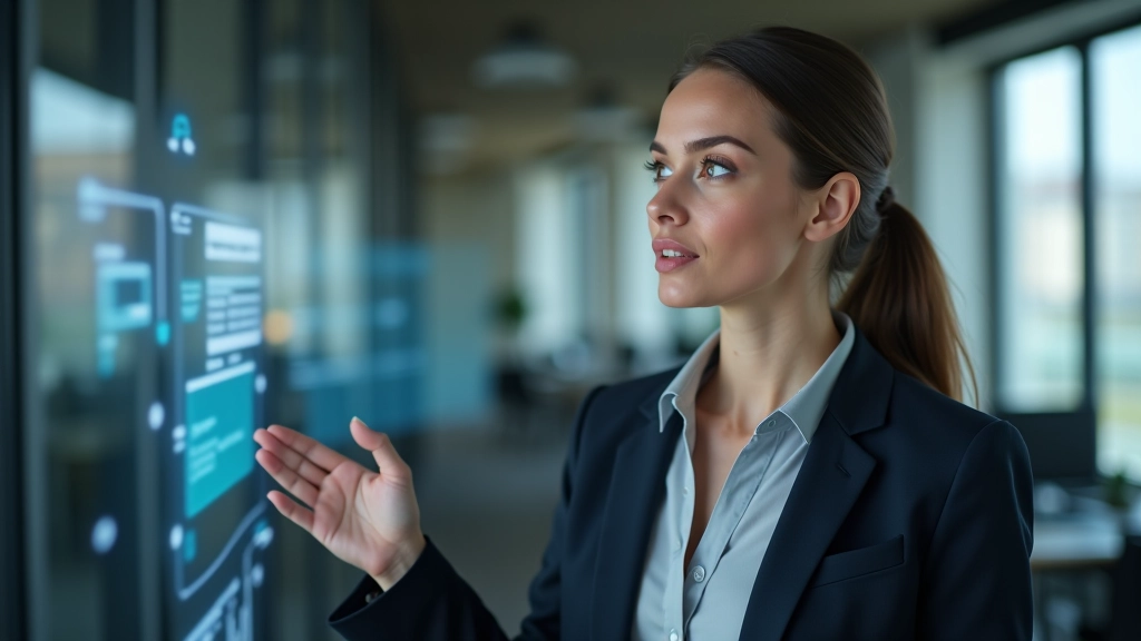 Femme professionnelle pointant vers un écran tactile interactif montrant des données analytiques et des métriques commerciales en temps réel